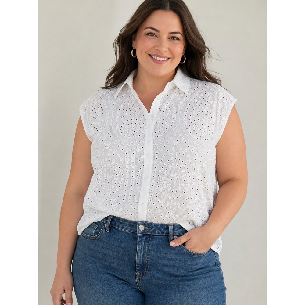 Torrid White casual Cotton Eyelet Lace Sleeveless Button Down Shirt Top 0 XL